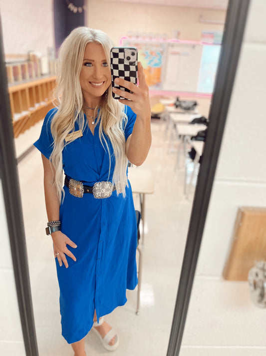 Twist Front Smocked Button Down- Royal Blue