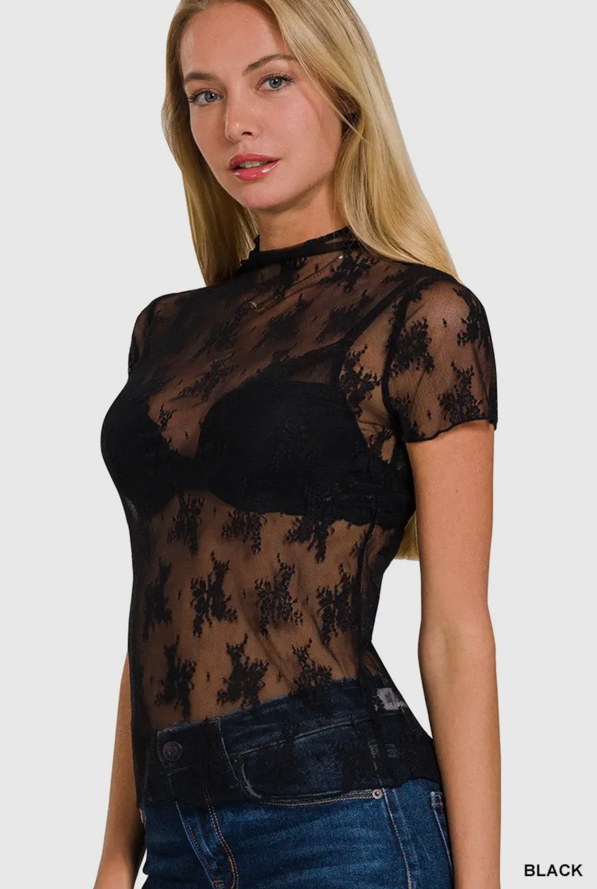 Lace Layering Short Sleeve Shirt- Black