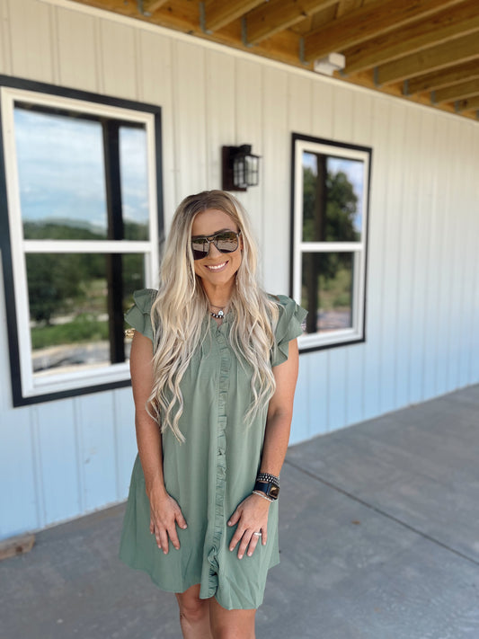 Ruffle Sleeve V-Neck Summer Dress- Mist Green