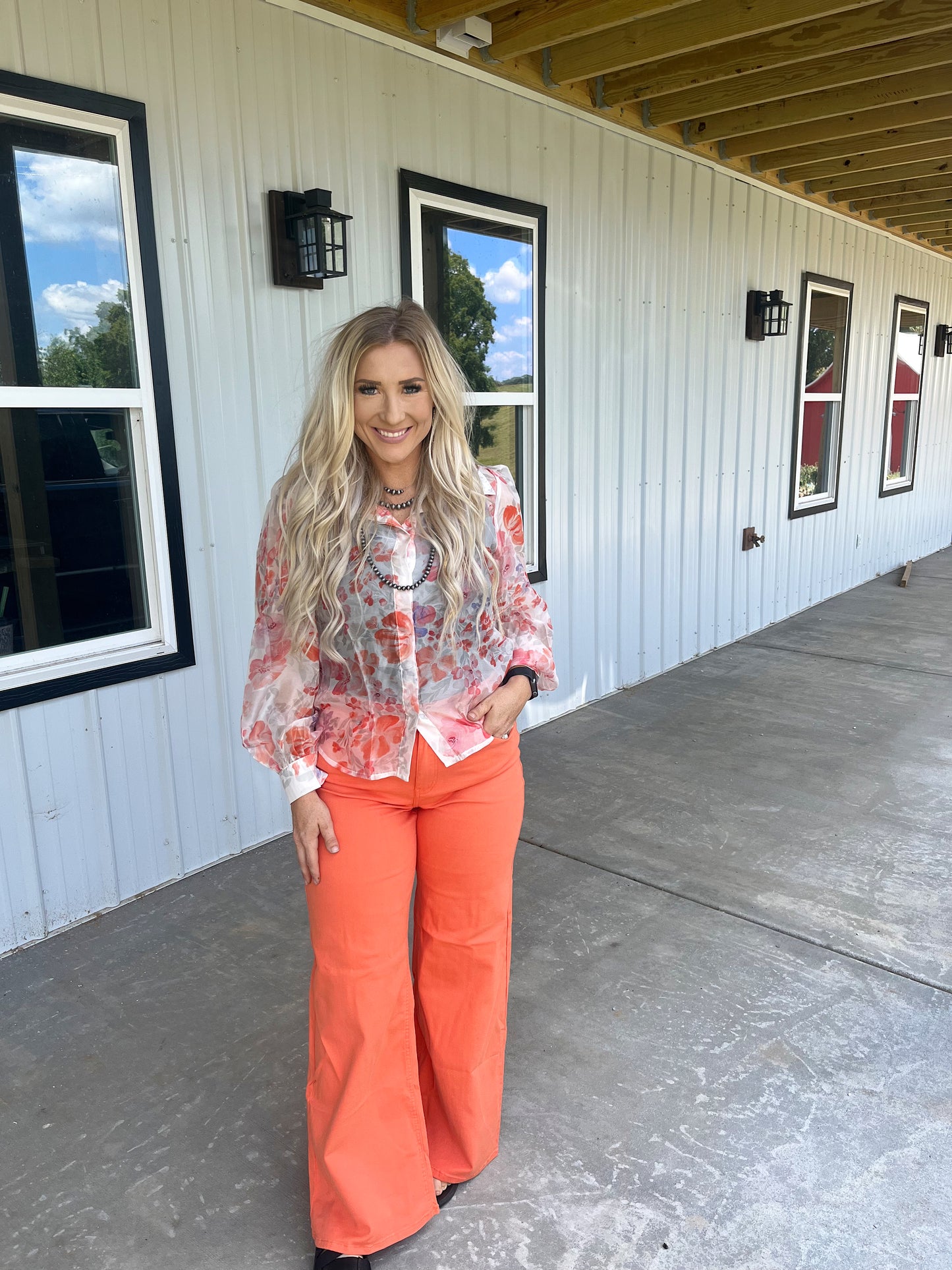 White Floral Print Balloon Sleeve Shirt