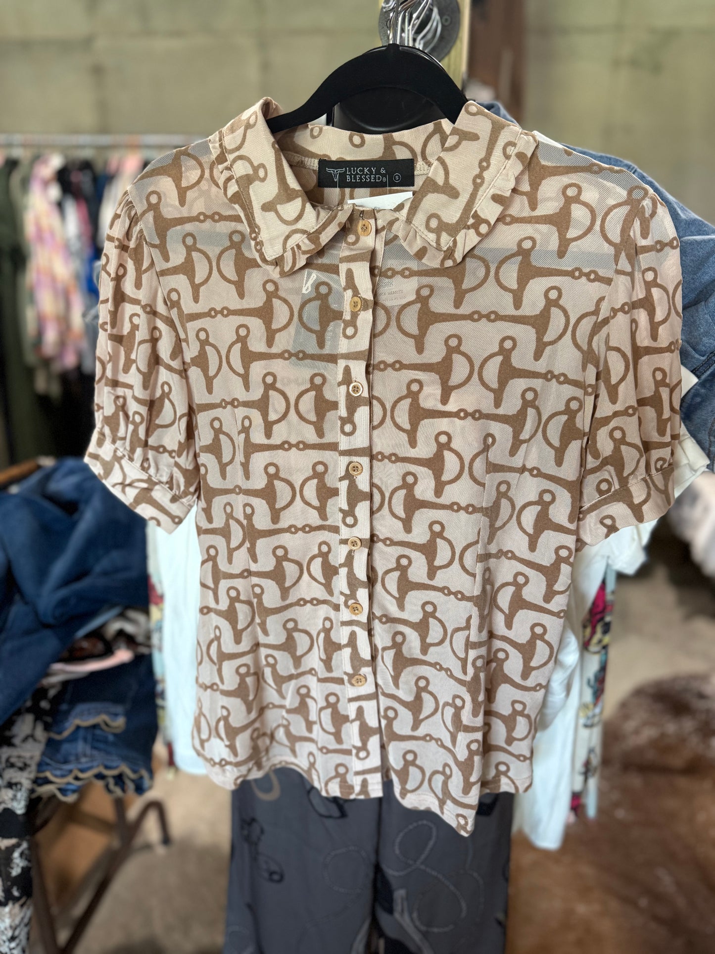 Taupe Snaffle Bit Mesh Button Up