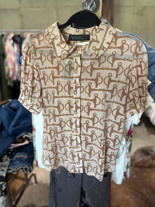 Taupe Snaffle Bit Mesh Button Up