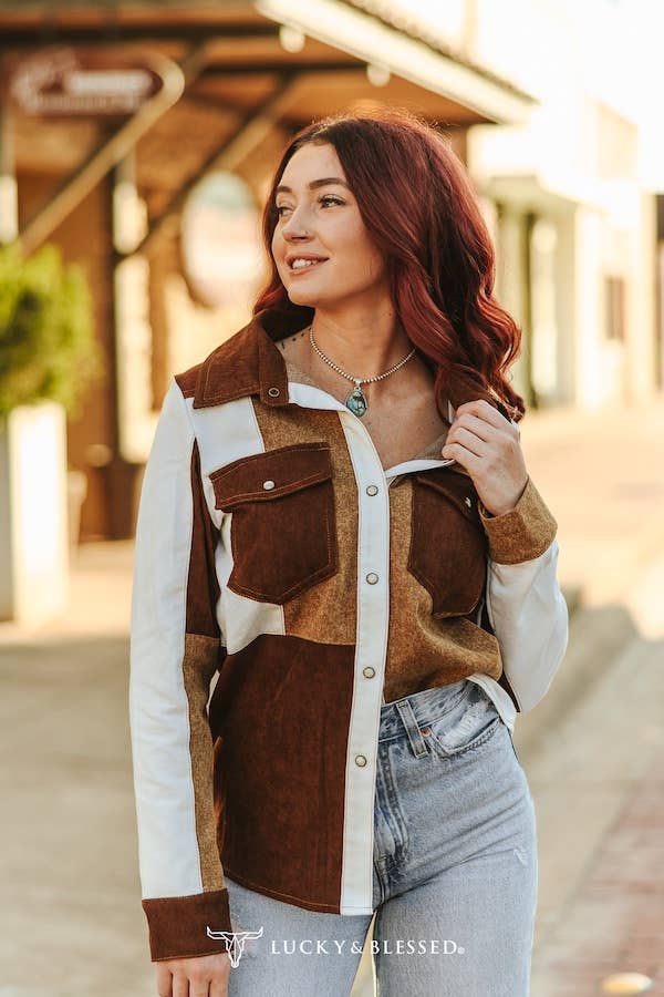 Multi-Fabric Patchwork Denim Pearl Snap Western Shirt