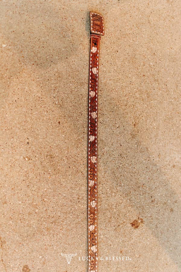 Brown Tooled Western Leather Belt W White Floral Embroidery: L