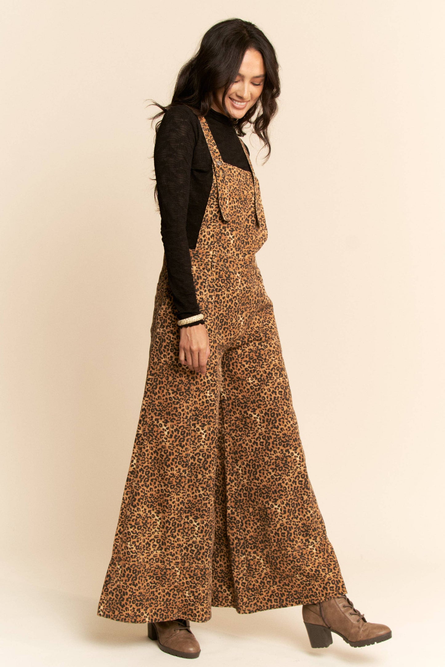 Denim Cheetah Wide Leg Overalls