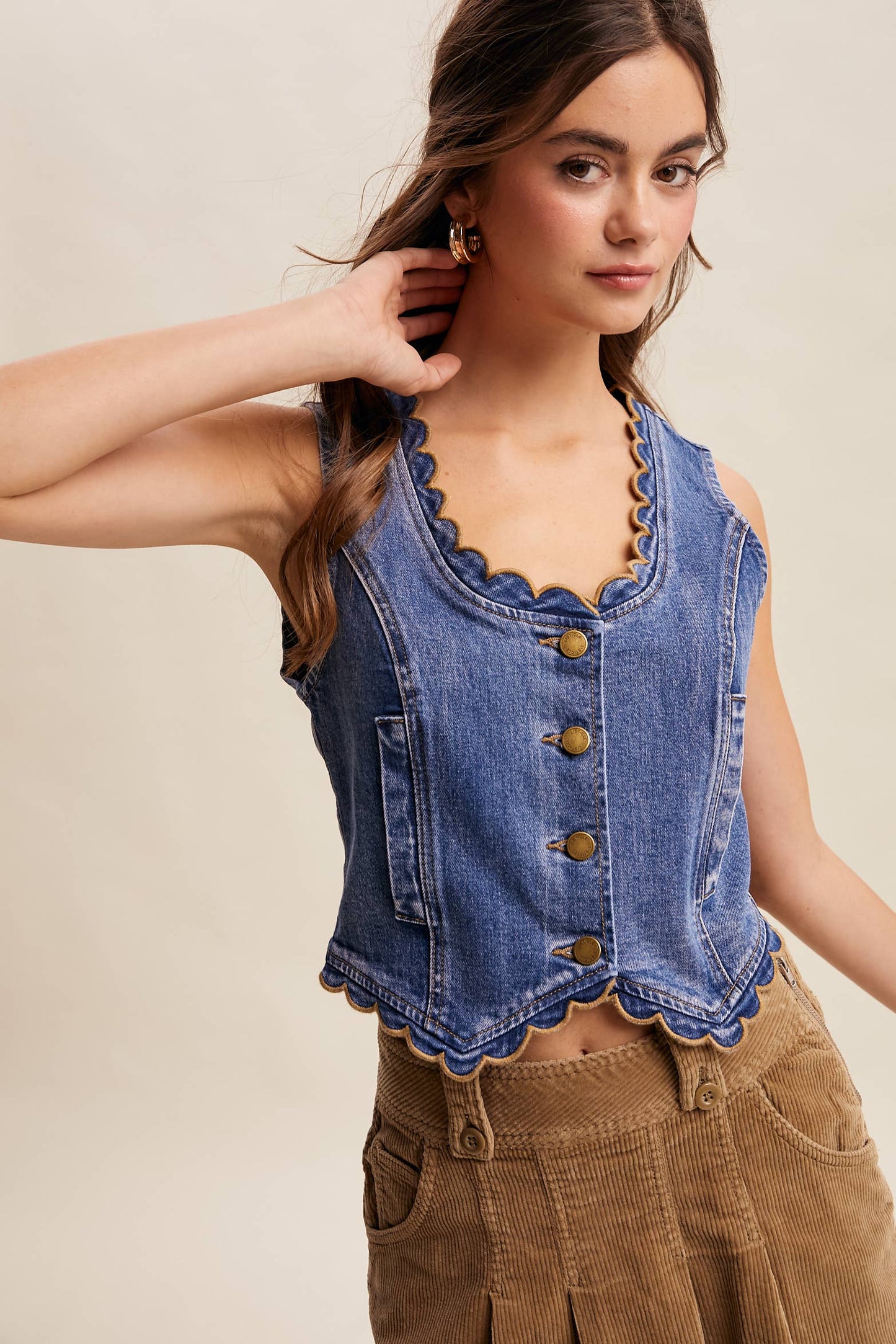 Scallop Trim Stretch Denim Vest—Drift Blue