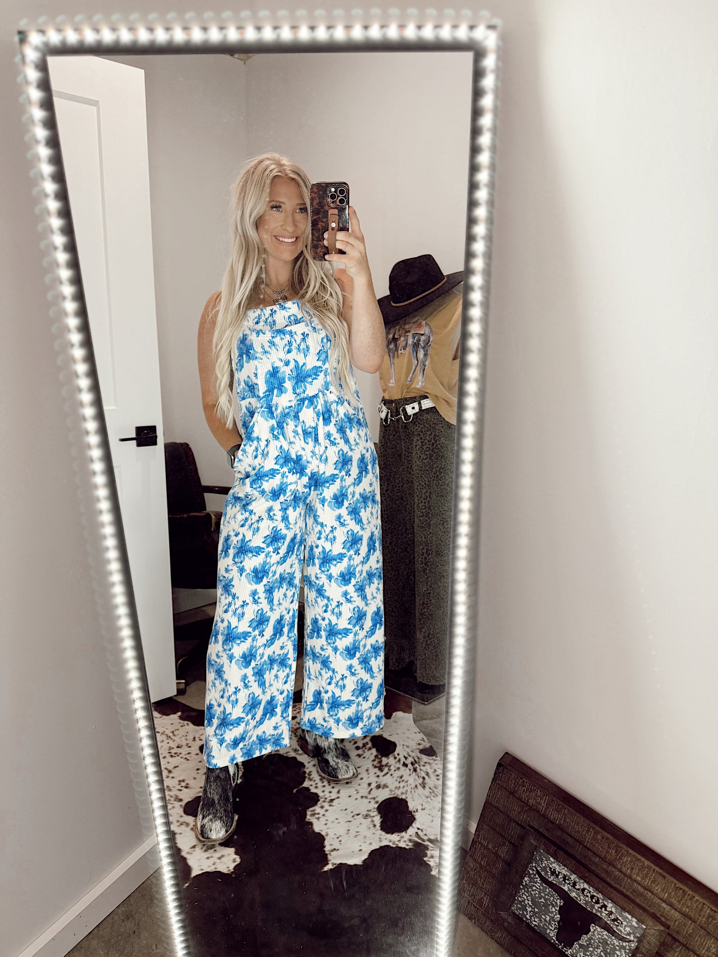 Cassidy Floral Boho Overalls: Blue Floral
