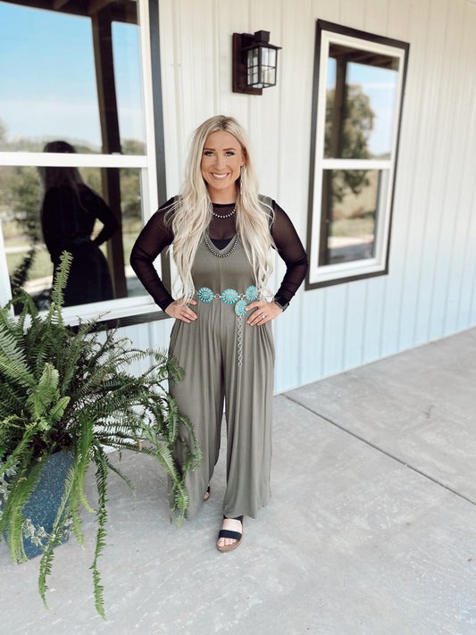 Wide Leg Jersey Knit Jumpsuit- Olive