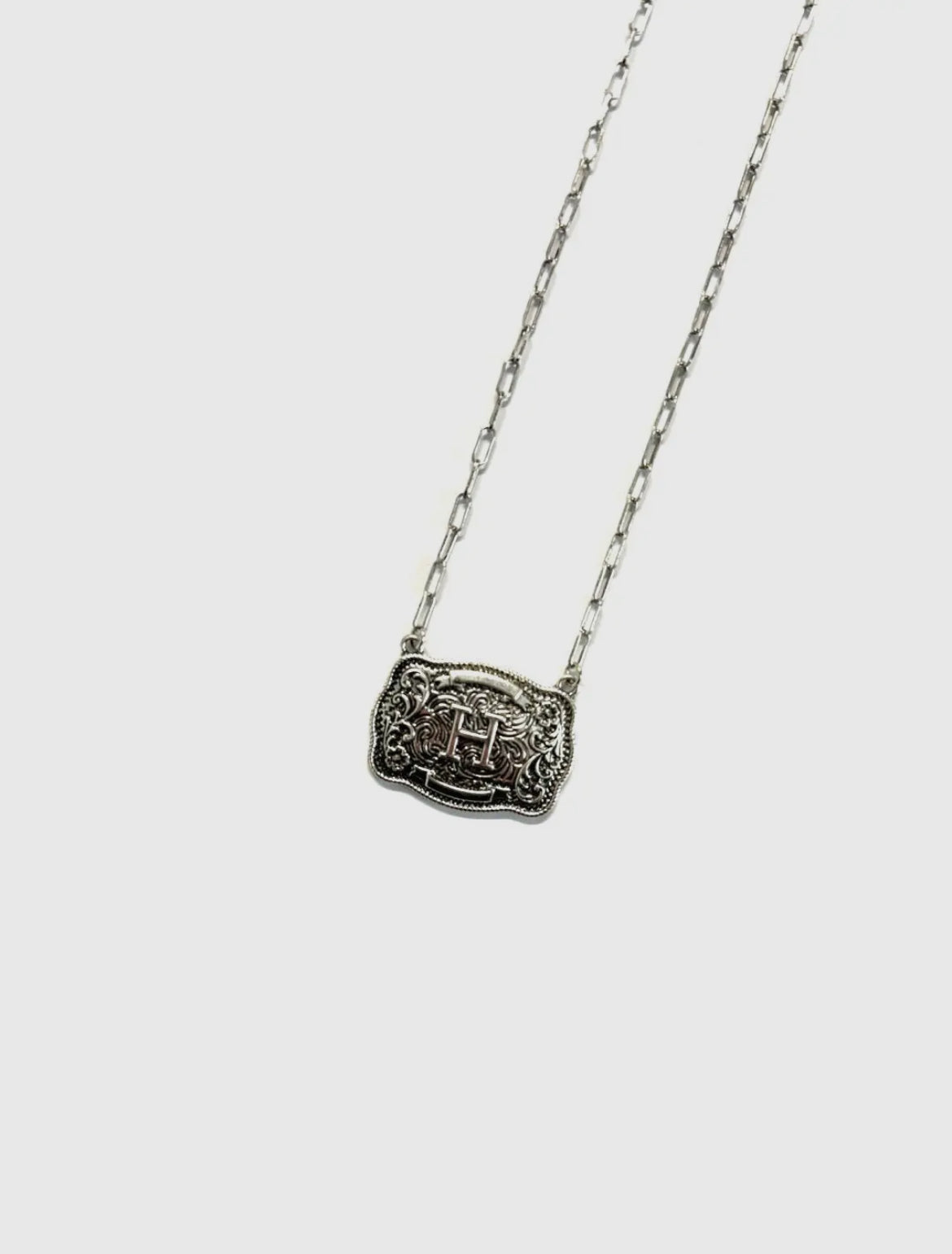 Belt Buckle Initial Necklace: Silver