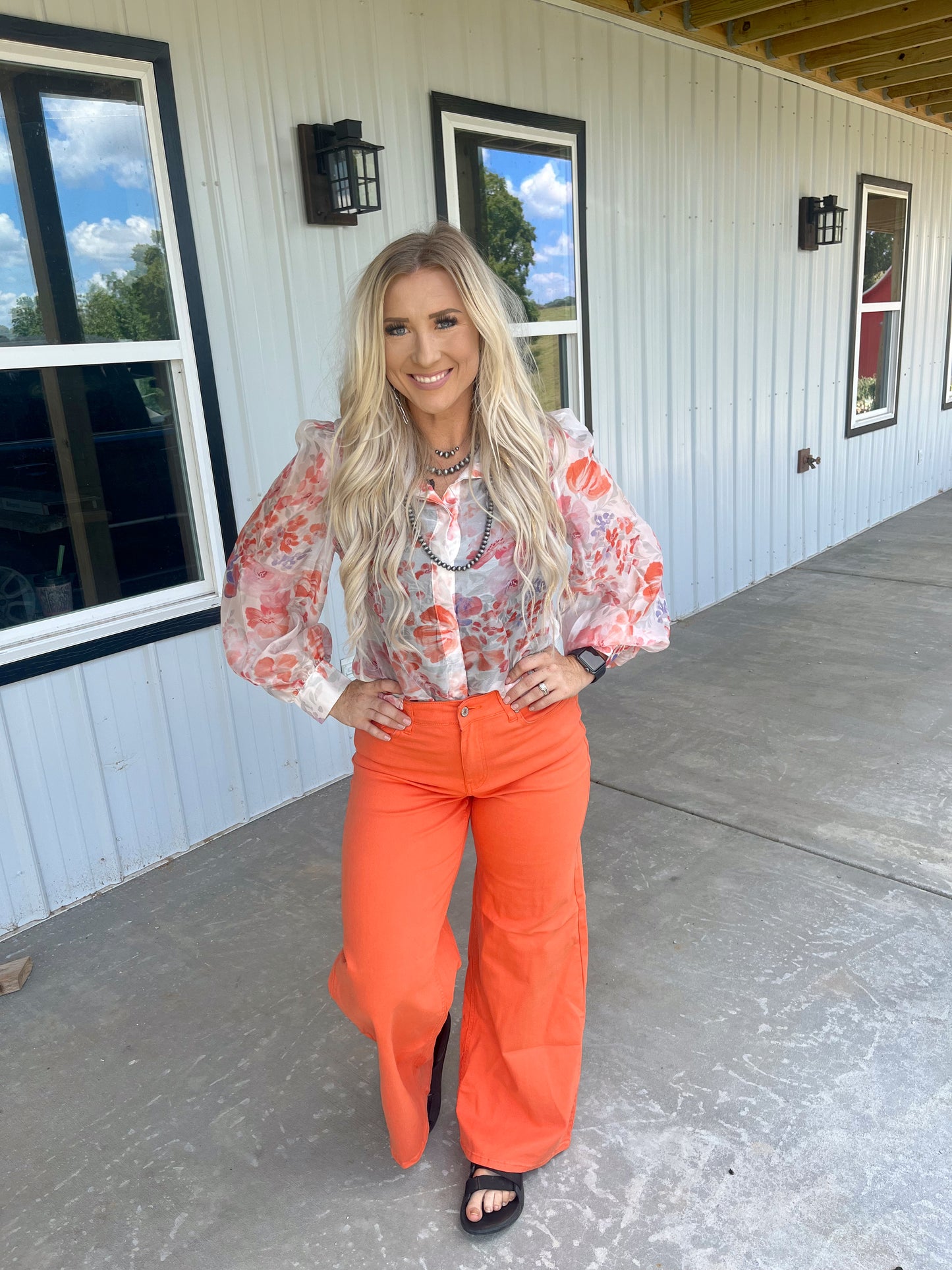 White Floral Print Balloon Sleeve Shirt