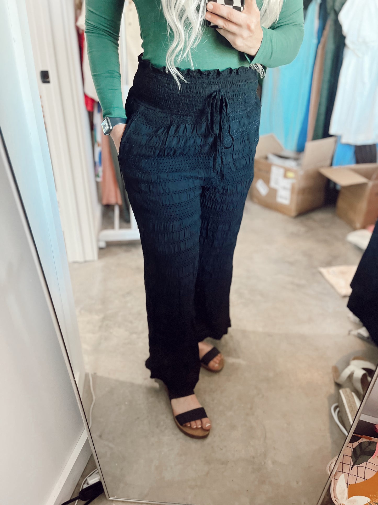 Black Textured Wide Smocked Waist Loose Pants