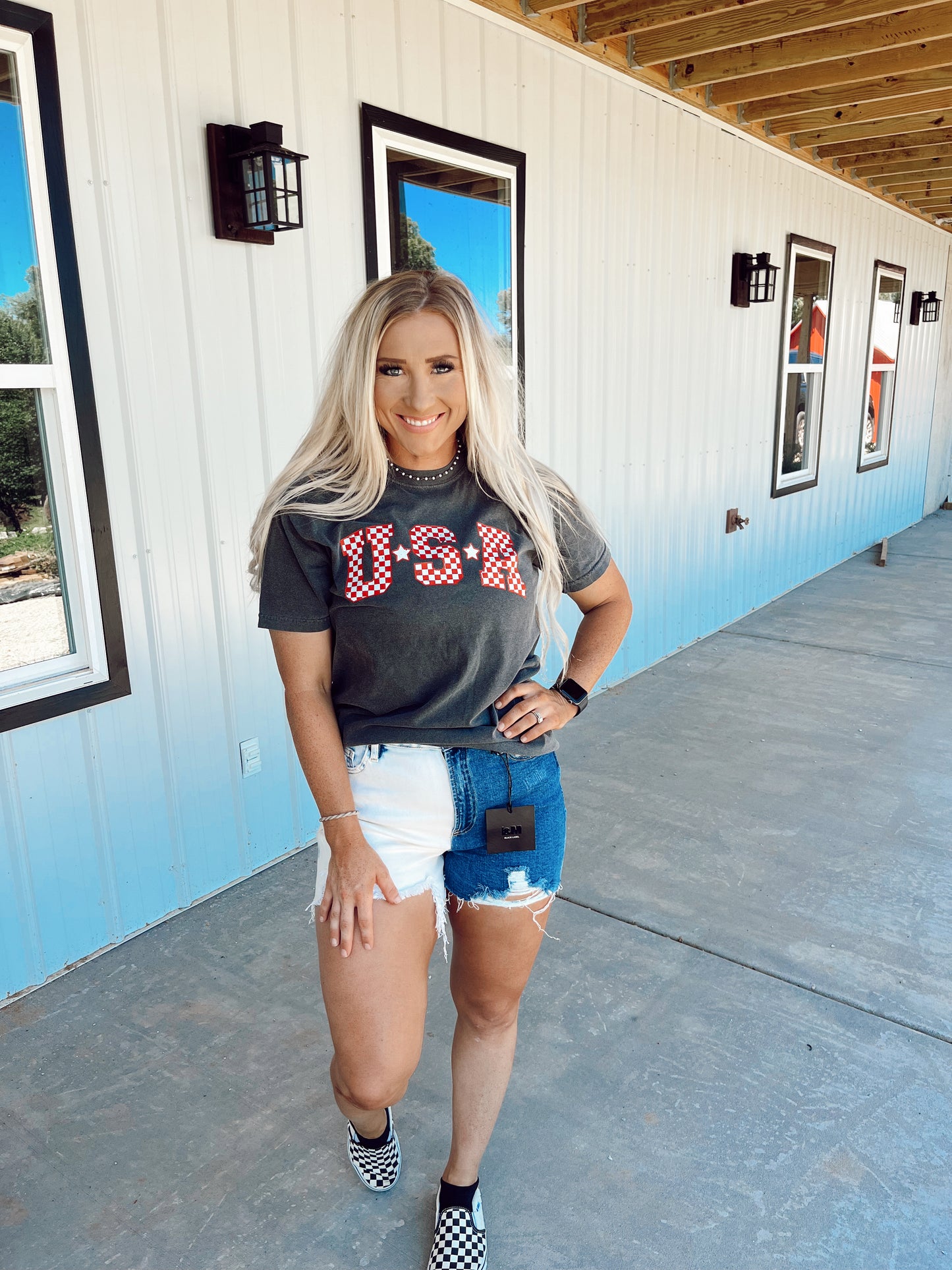 Color Block Distressed Denim Shorts