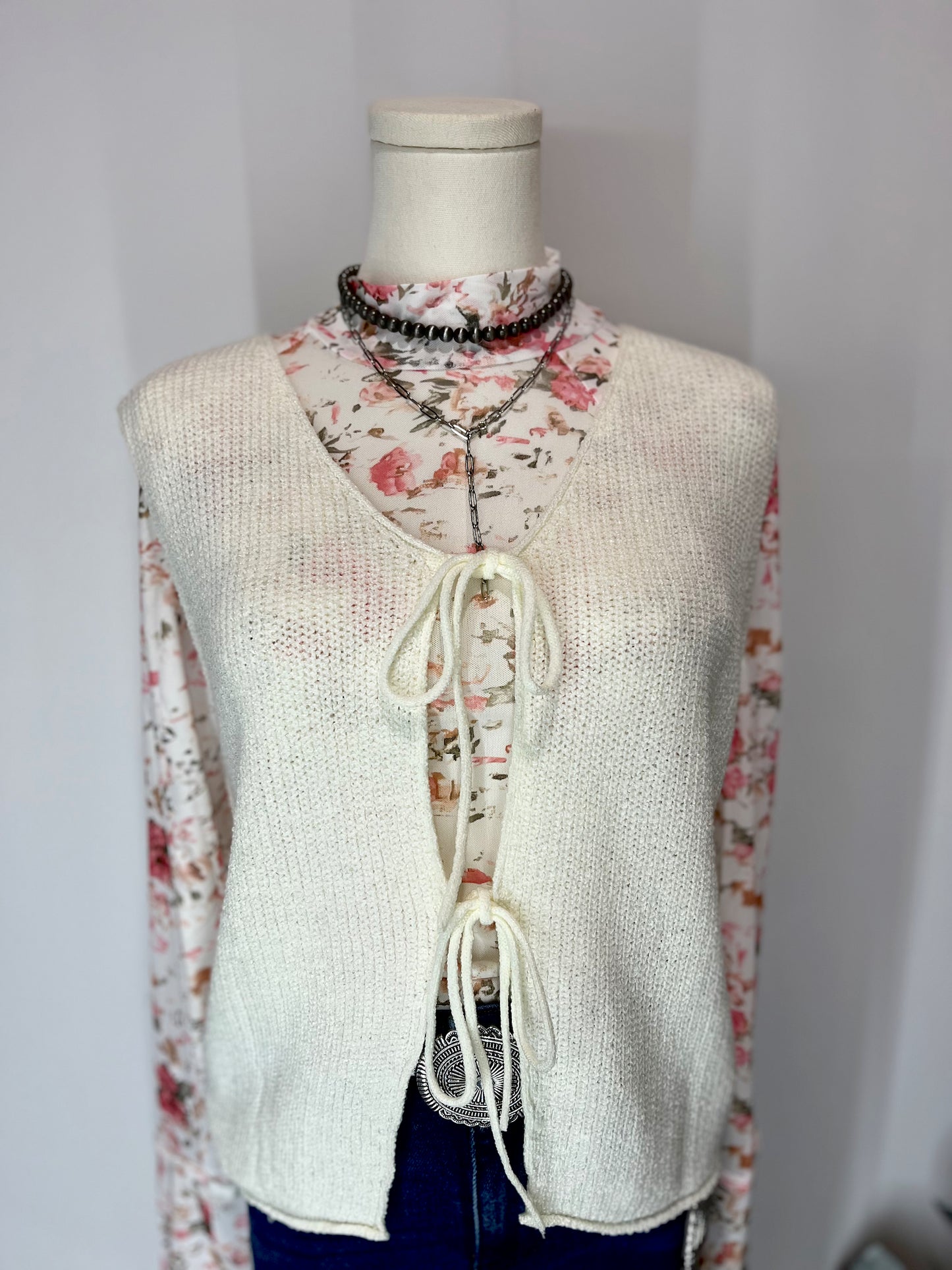 Beige Lace Up Sweater Vest