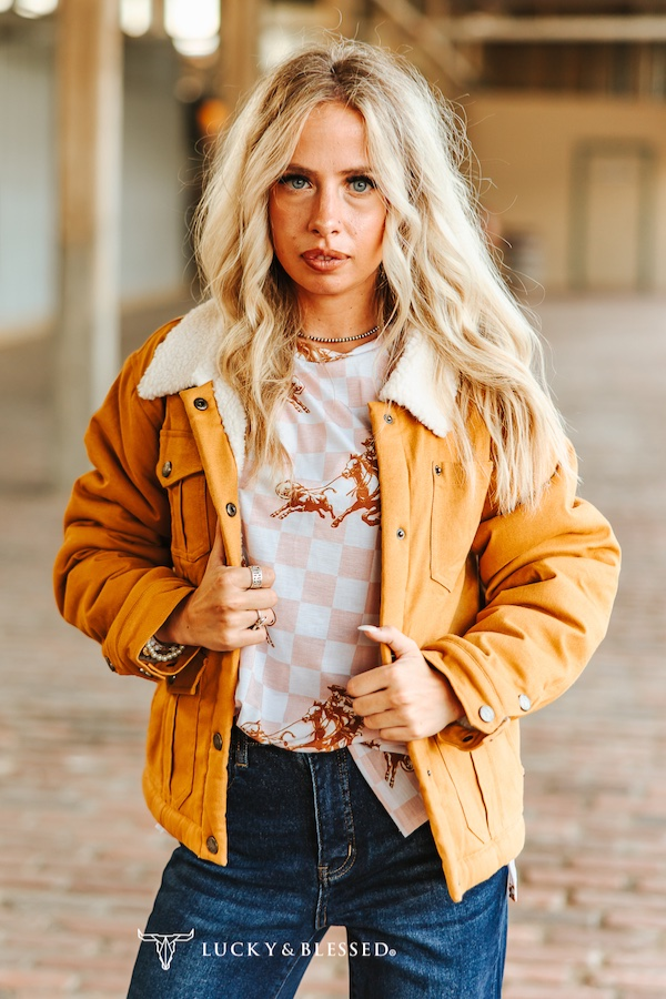 Camel Puffer Jacket With Ivory Sherpa Collar