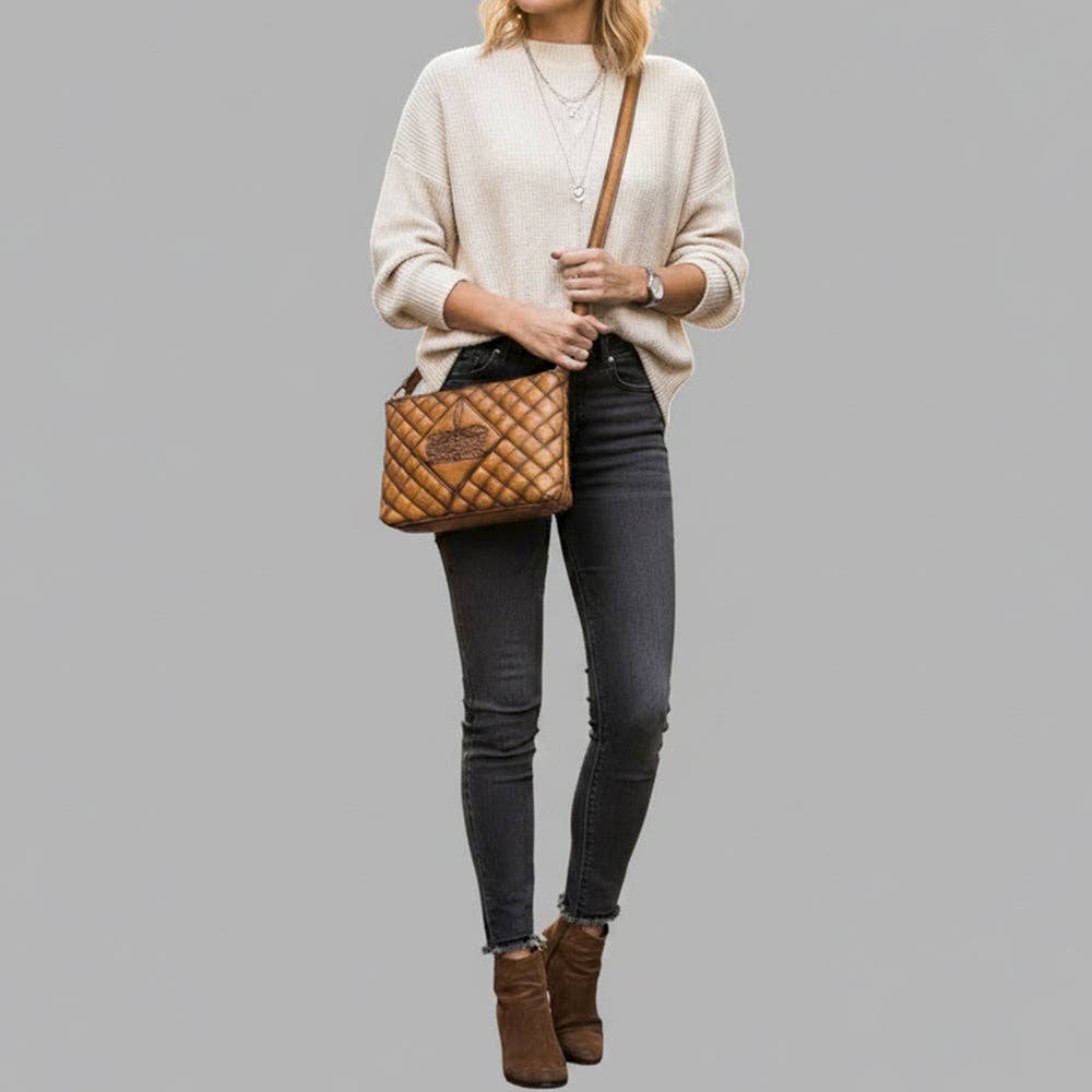 American Darling Bag: Quilted Tan Leather Crossbody Bag — Western Boot Stitch
