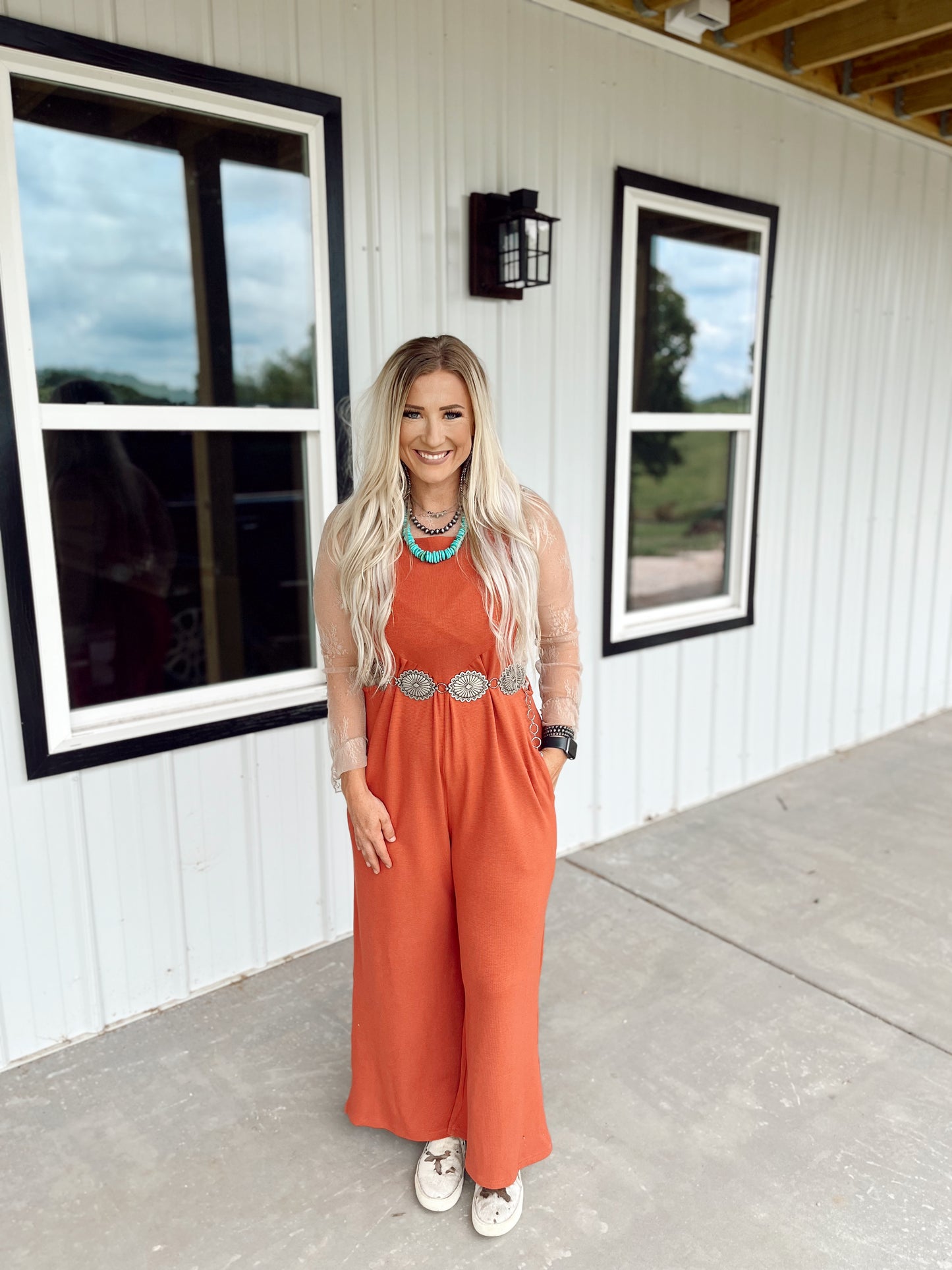 Waffle Knit Wide Leg Jumpsuit- Rust