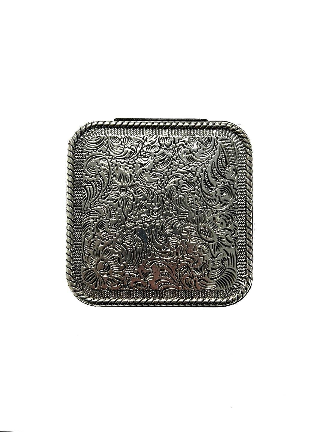 WESTERN ETCHED METAL PLATE JEWELRY BOX: Brown
