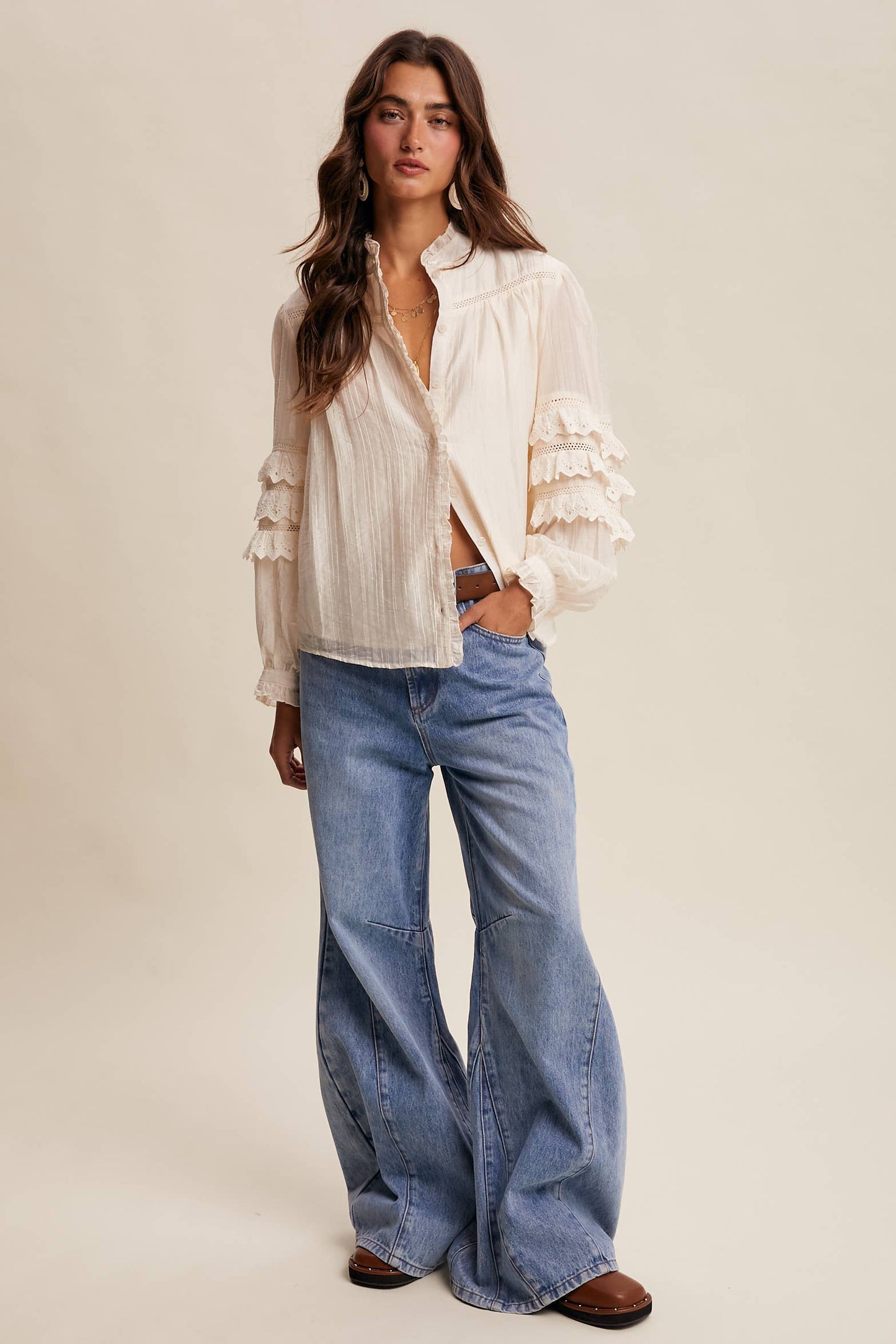 Lace Ruffle Sleeve Pintuck Blouse—Cream