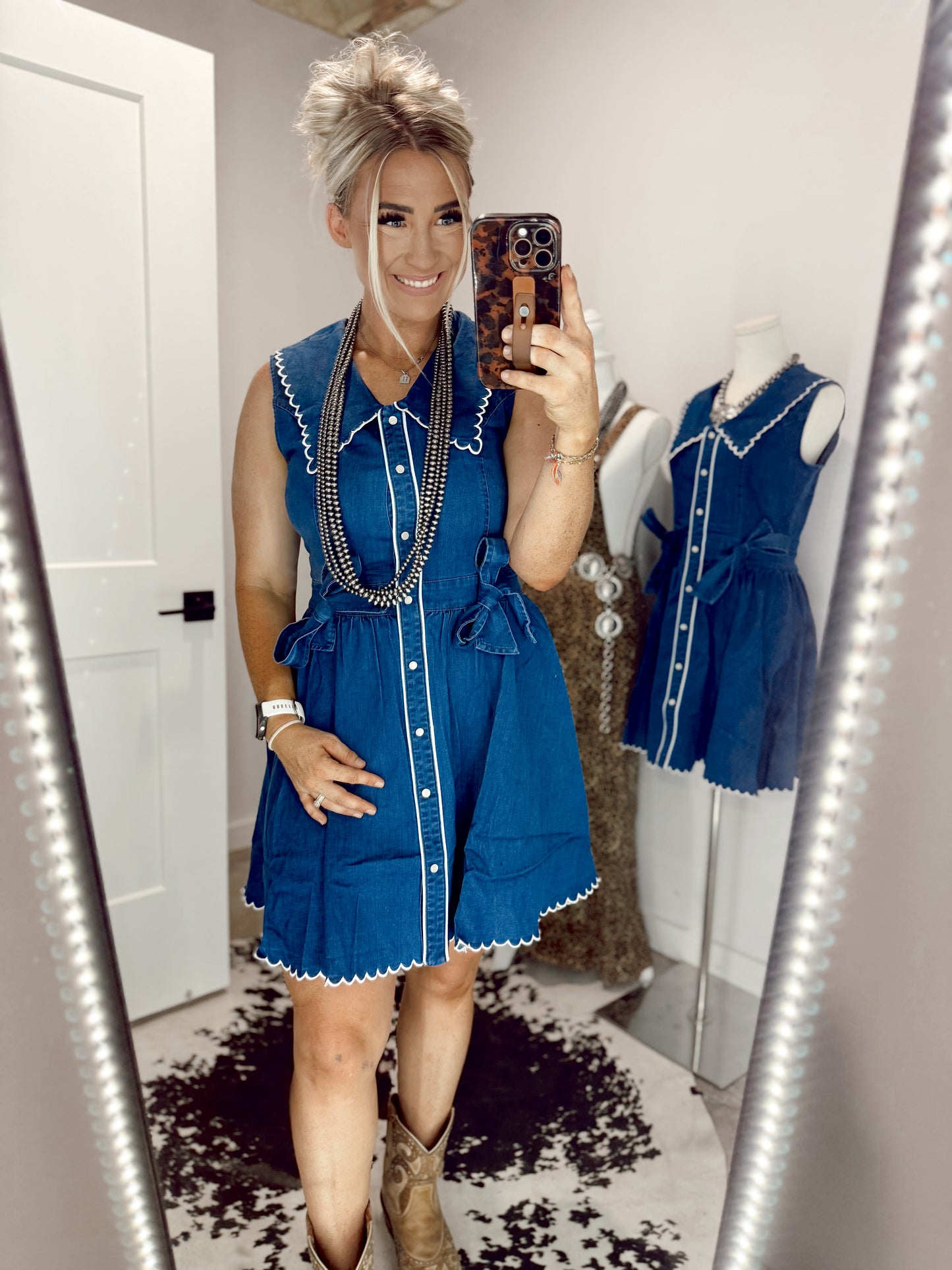 Mid Wash Stretch Denim Bib Collar Pearl Snap Dress