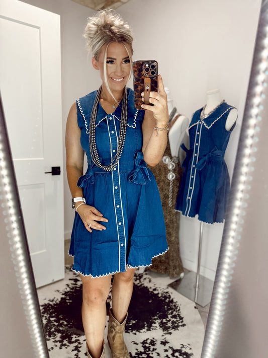 Mid Wash Stretch Denim Bib Collar Pearl Snap Dress