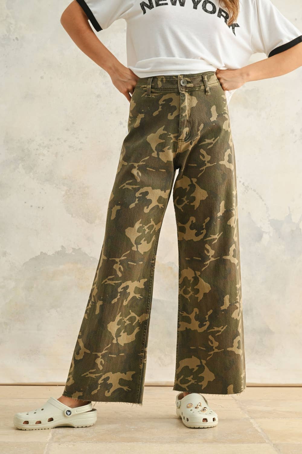 Camouflage Print Stretch Wide Leg Pants