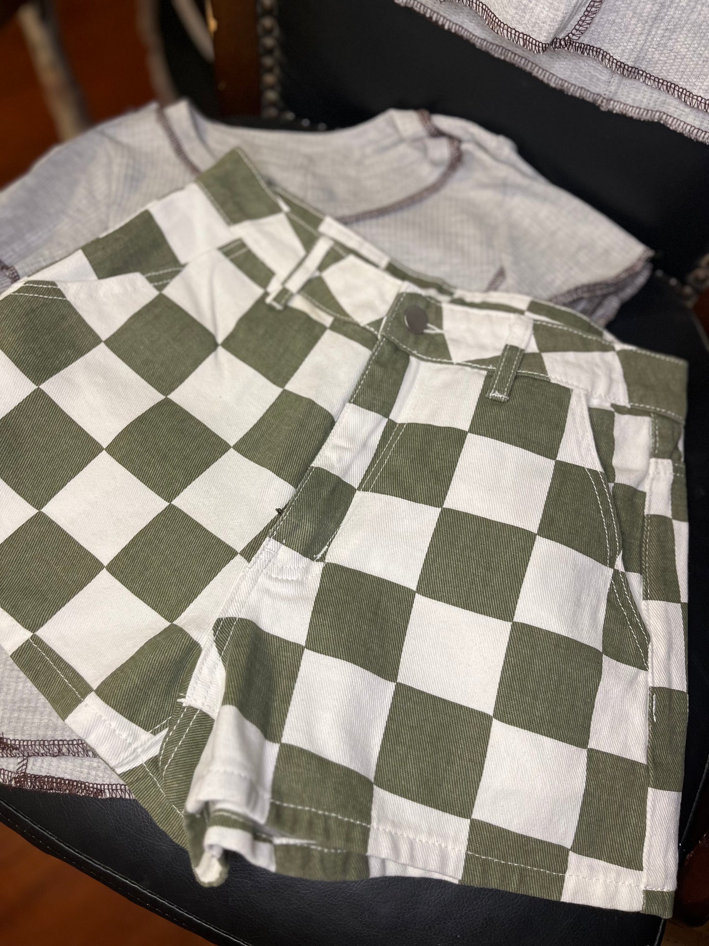 Green and White Checkered Denim Shorts