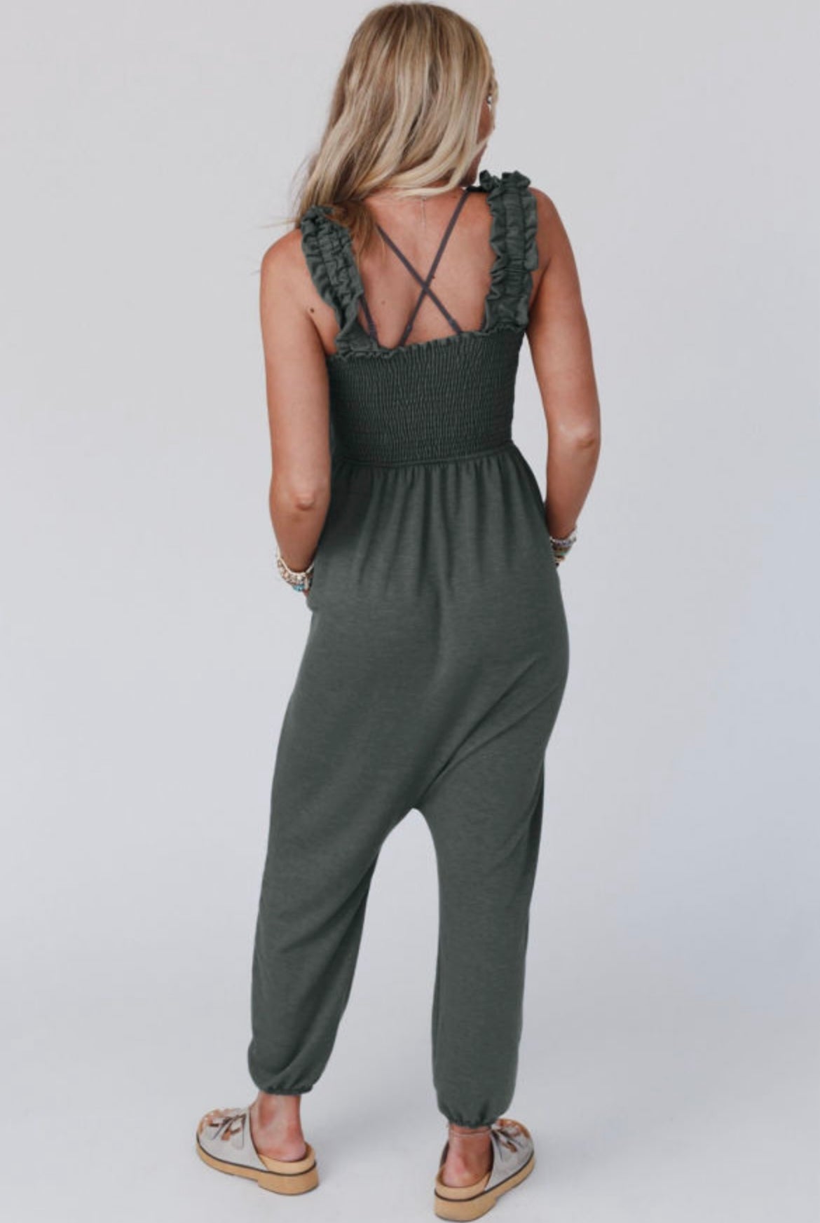 Gray Smocked Sleeveless Jumpsuit