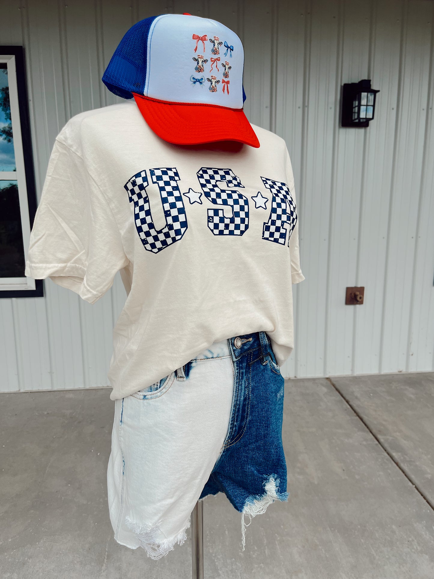 Blue and White Checkered USA on Comfort Colors- Ivory