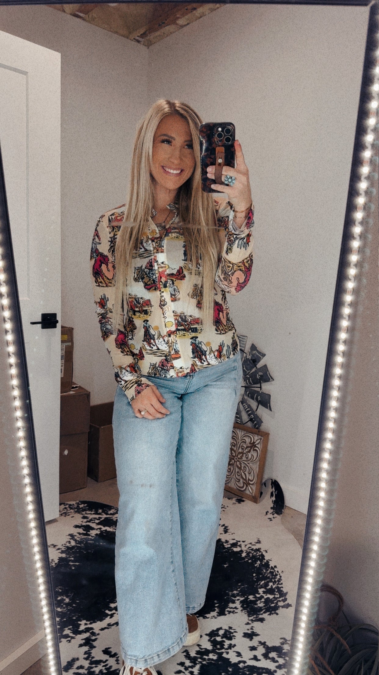 Western Cowboy Graphic Mesh Blouse