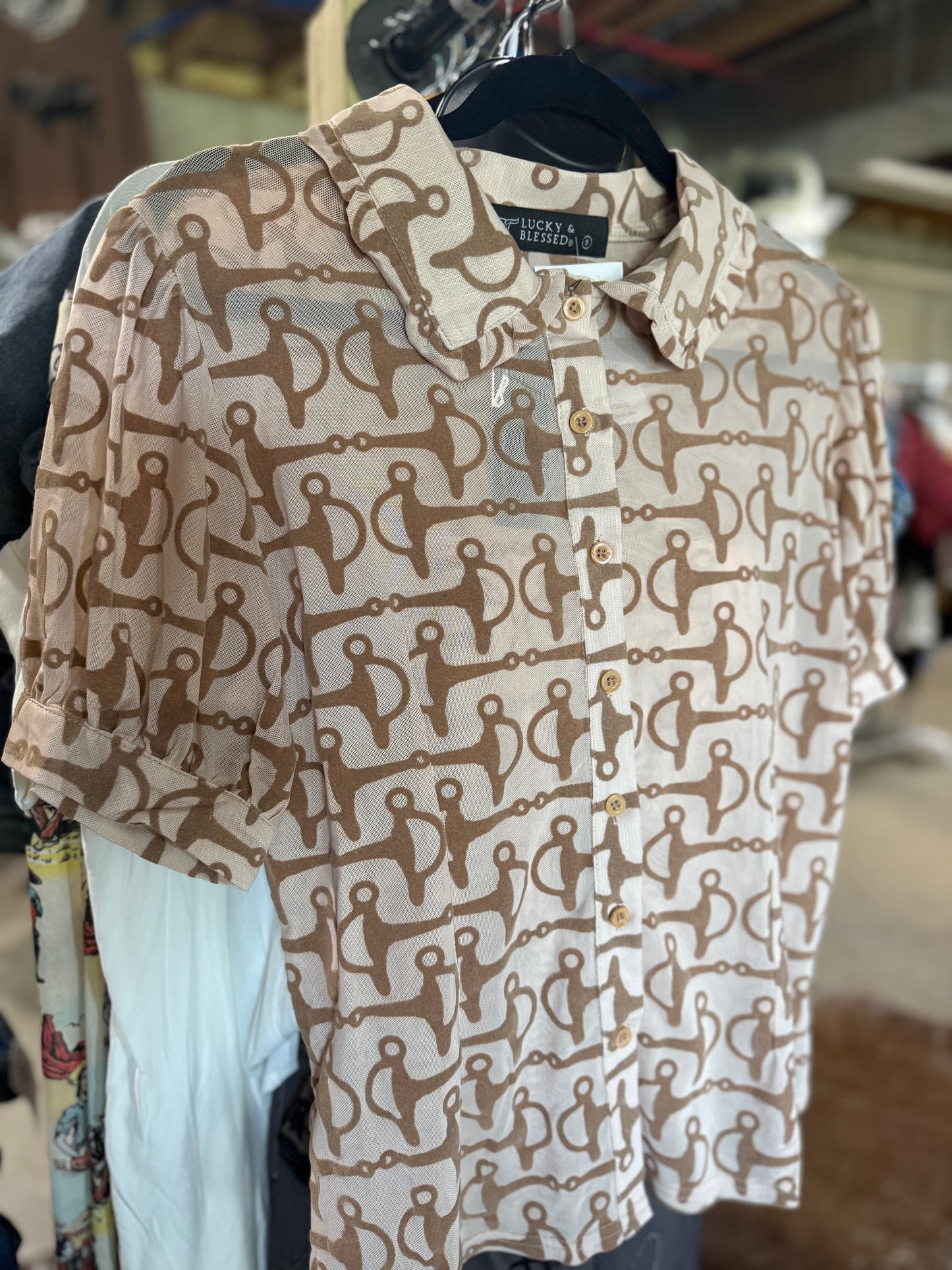 Taupe Snaffle Bit Mesh Button Up