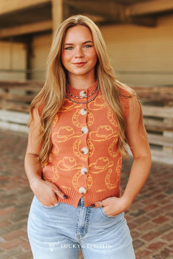 Camel Western Contrast Knit Sleevelss Button Down Shirt