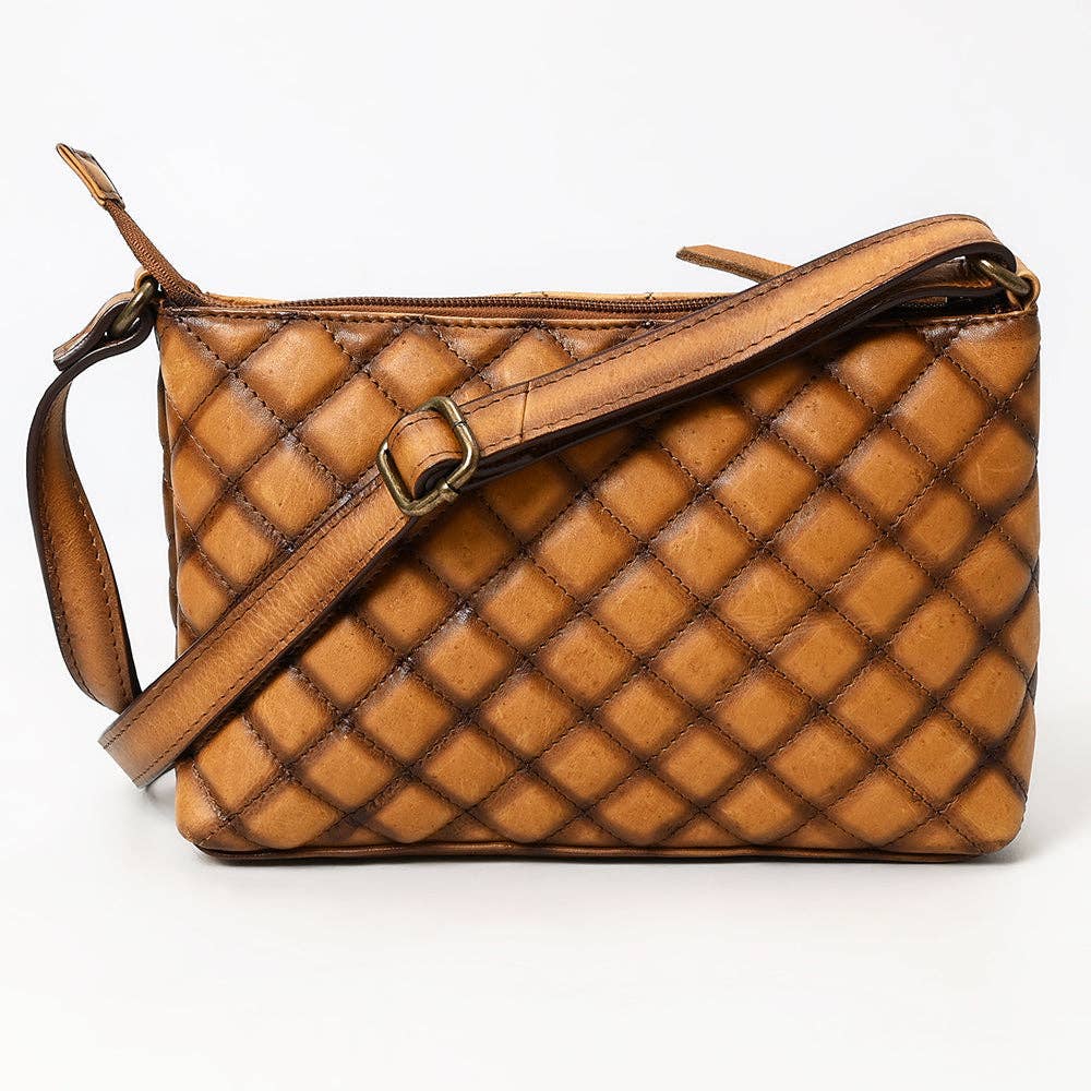 American Darling Bag: Quilted Tan Leather Crossbody Bag — Western Boot Stitch