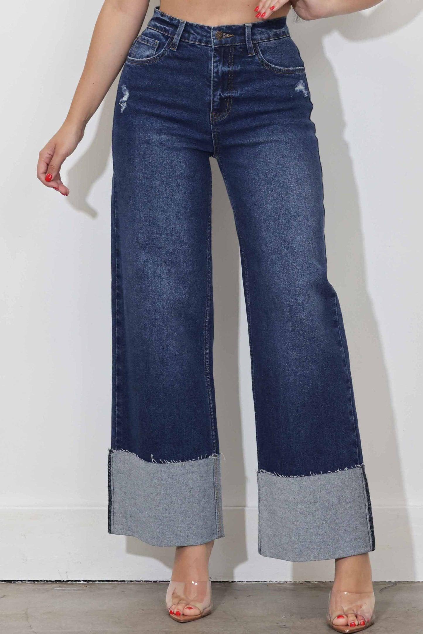 Wide Leg Jeans with Comfort Stretch & Cuff- Dark Stone