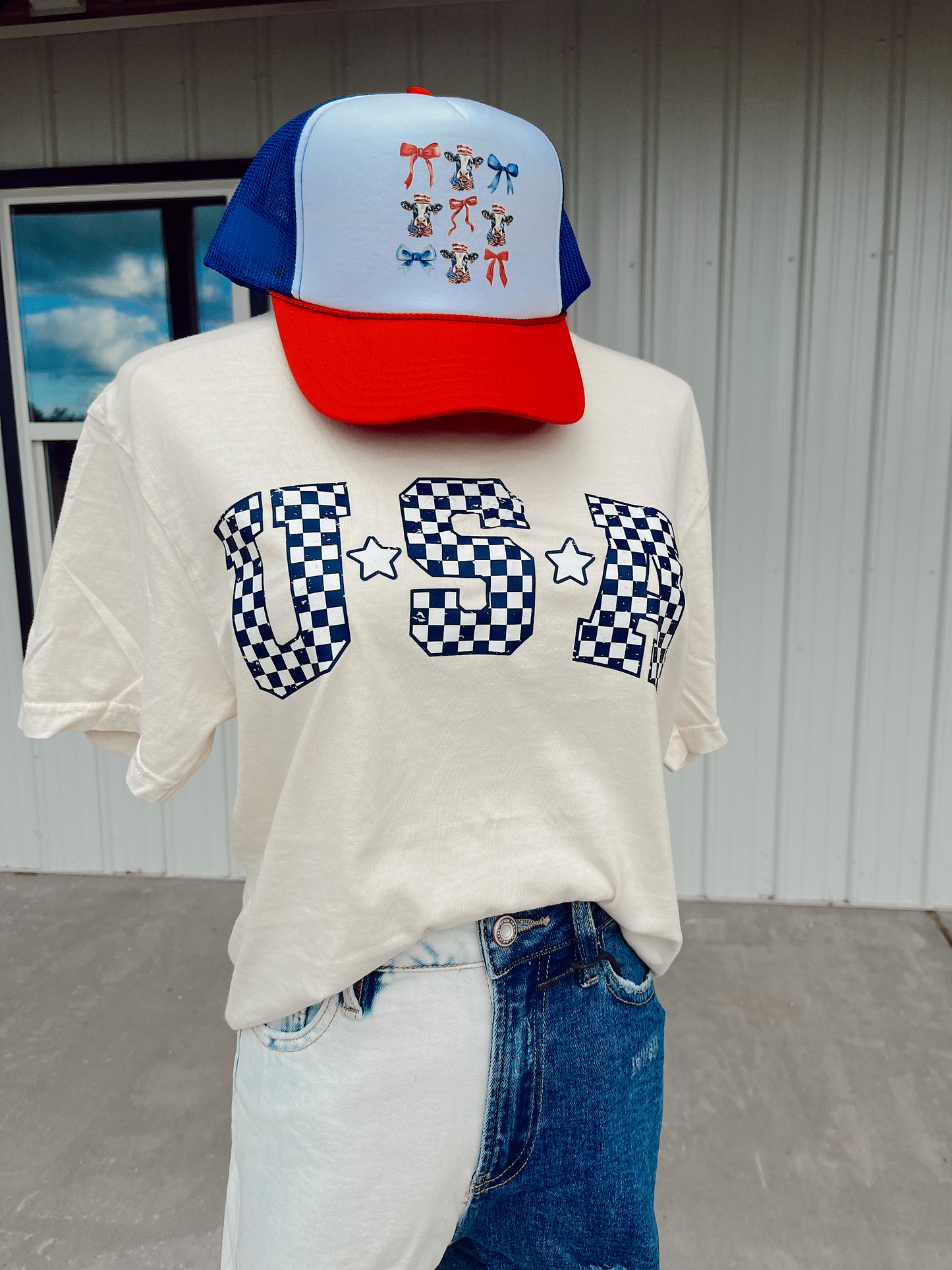 Blue and White Checkered USA on Comfort Colors- Ivory