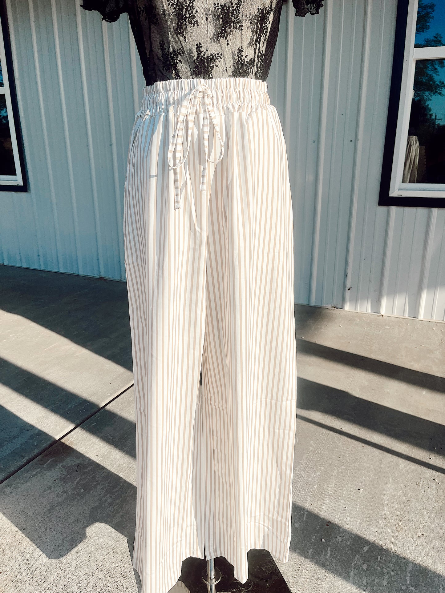 Khaki Striped Wide Leg Pants