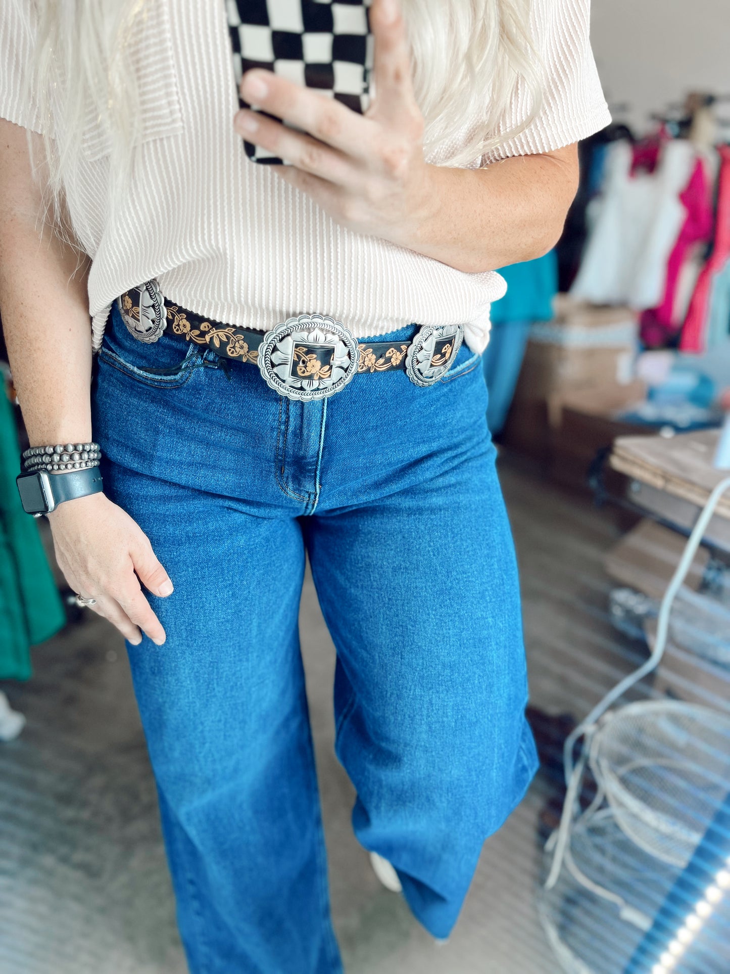 Western Oval Floral Tooled Concho Belt