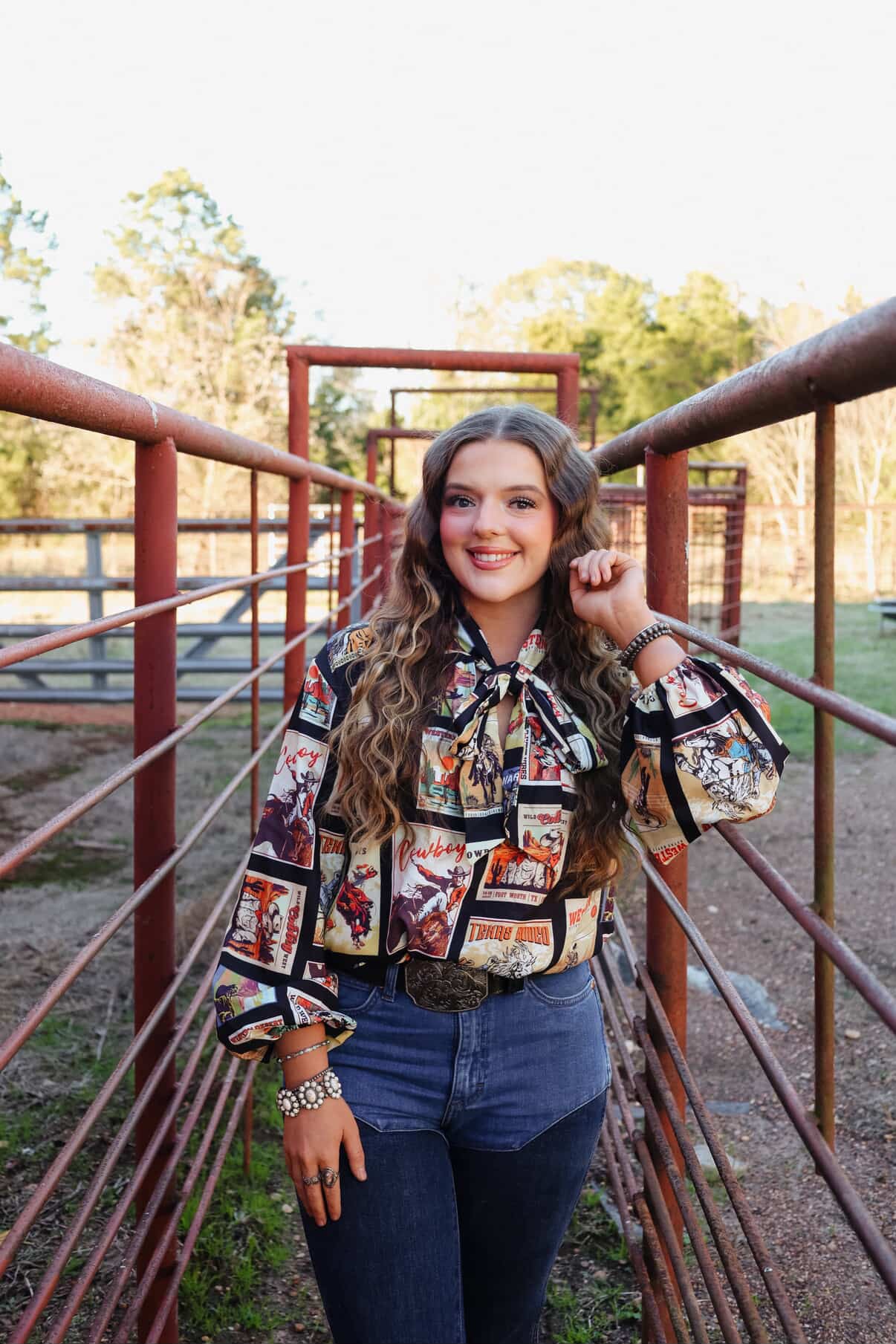 Western Cowboy Stamps Print— Ribbon Blouse