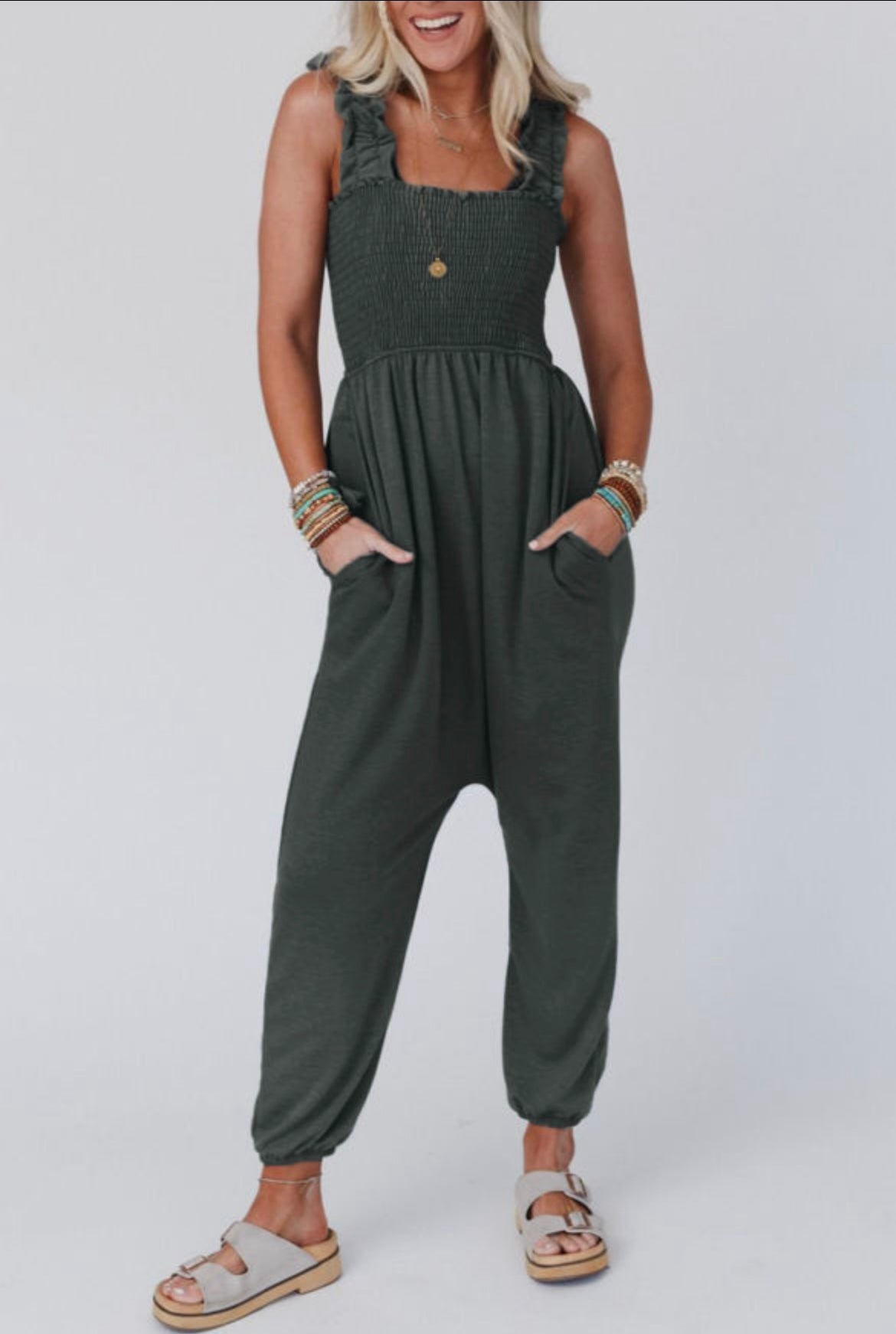 Gray Smocked Sleeveless Jumpsuit