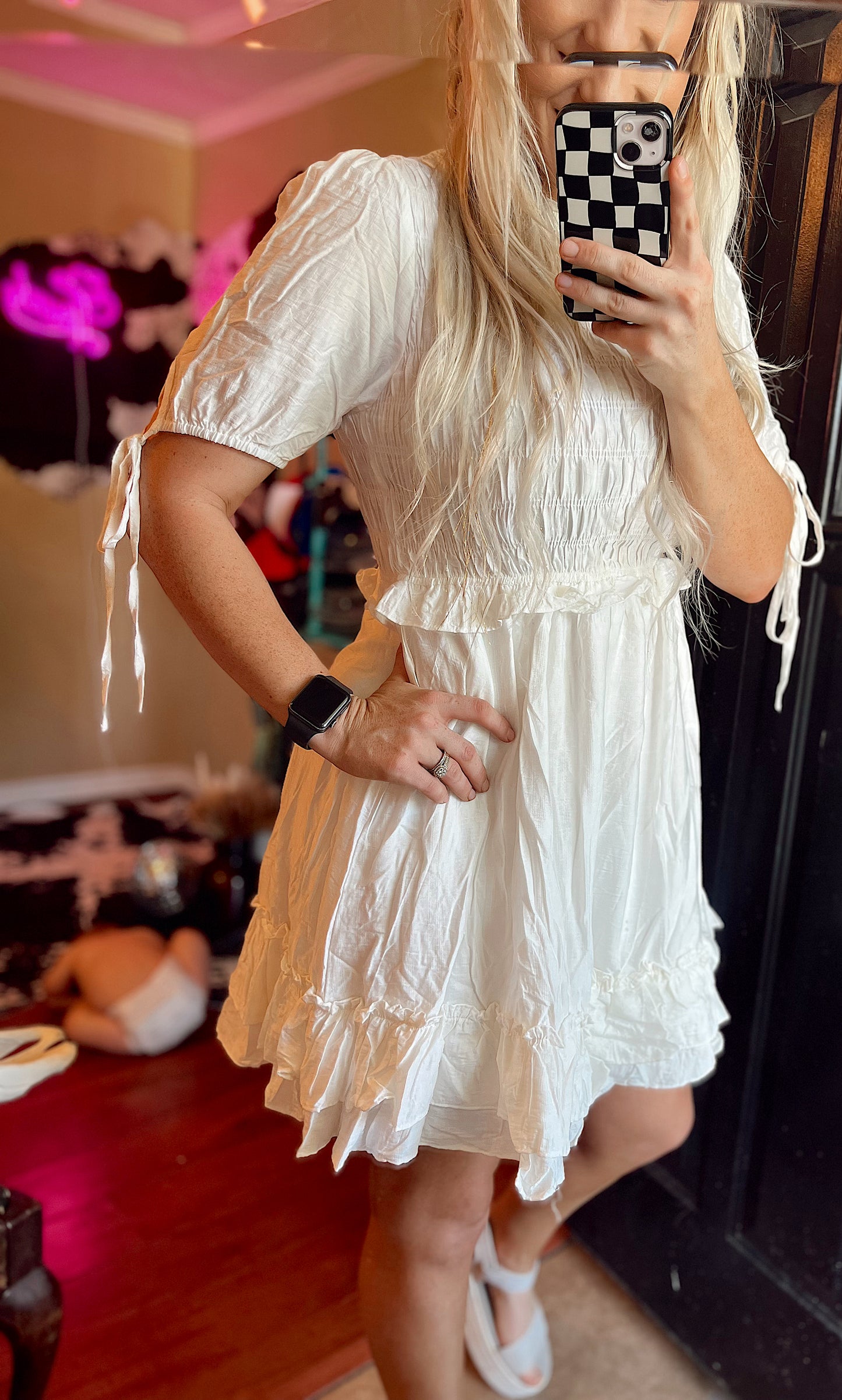 White Smocked Ruffle Dress