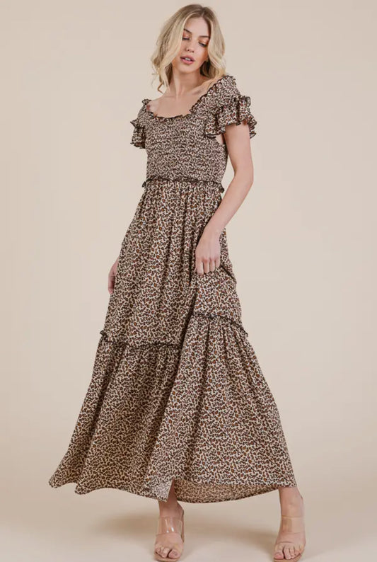 Leopard Print Ruffle Sleeve Tiered Maxi Dress