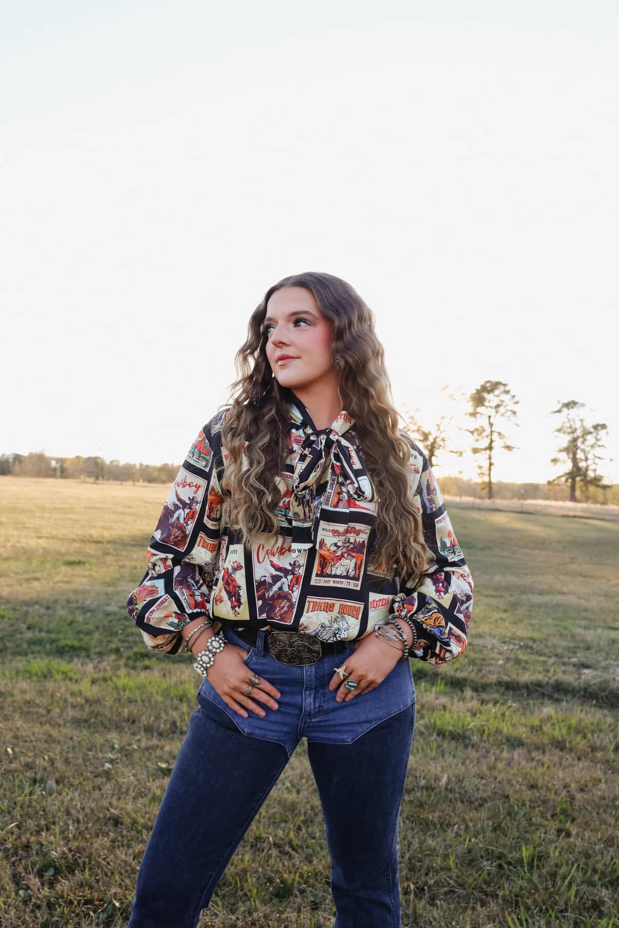 Western Cowboy Stamps Print— Ribbon Blouse