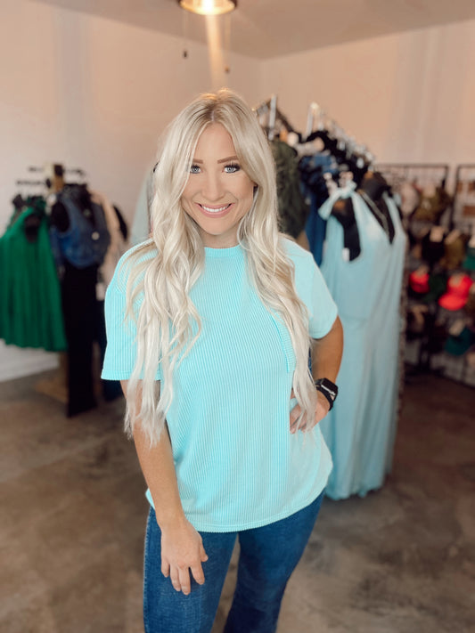 Corded Knit Oversized Tee- Turquoise