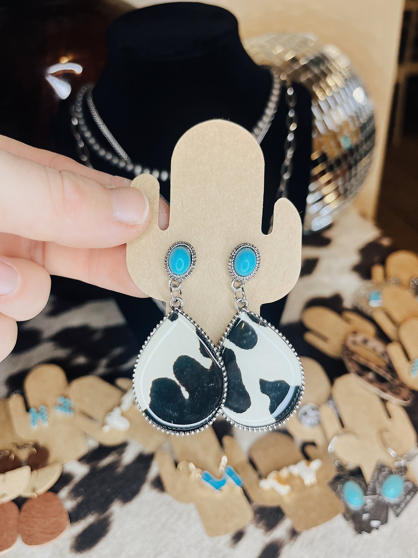 Turquoise and Cow Print Earrings