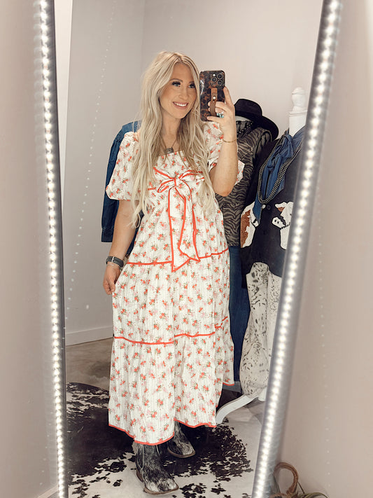 Pink Floral Tiered Bow Maxi Dress