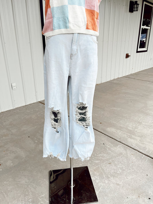 Light Blue High Rise Distressed Straight Jeans