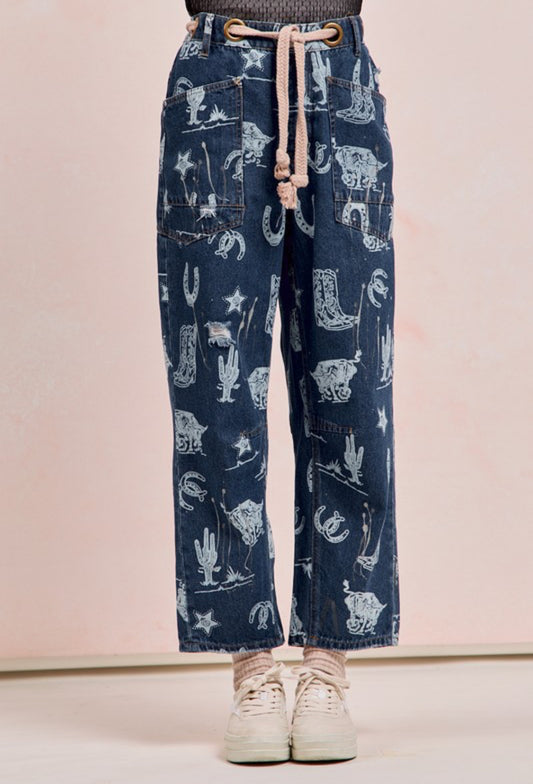 Cowboy Print Denim Pants With Braided Belt