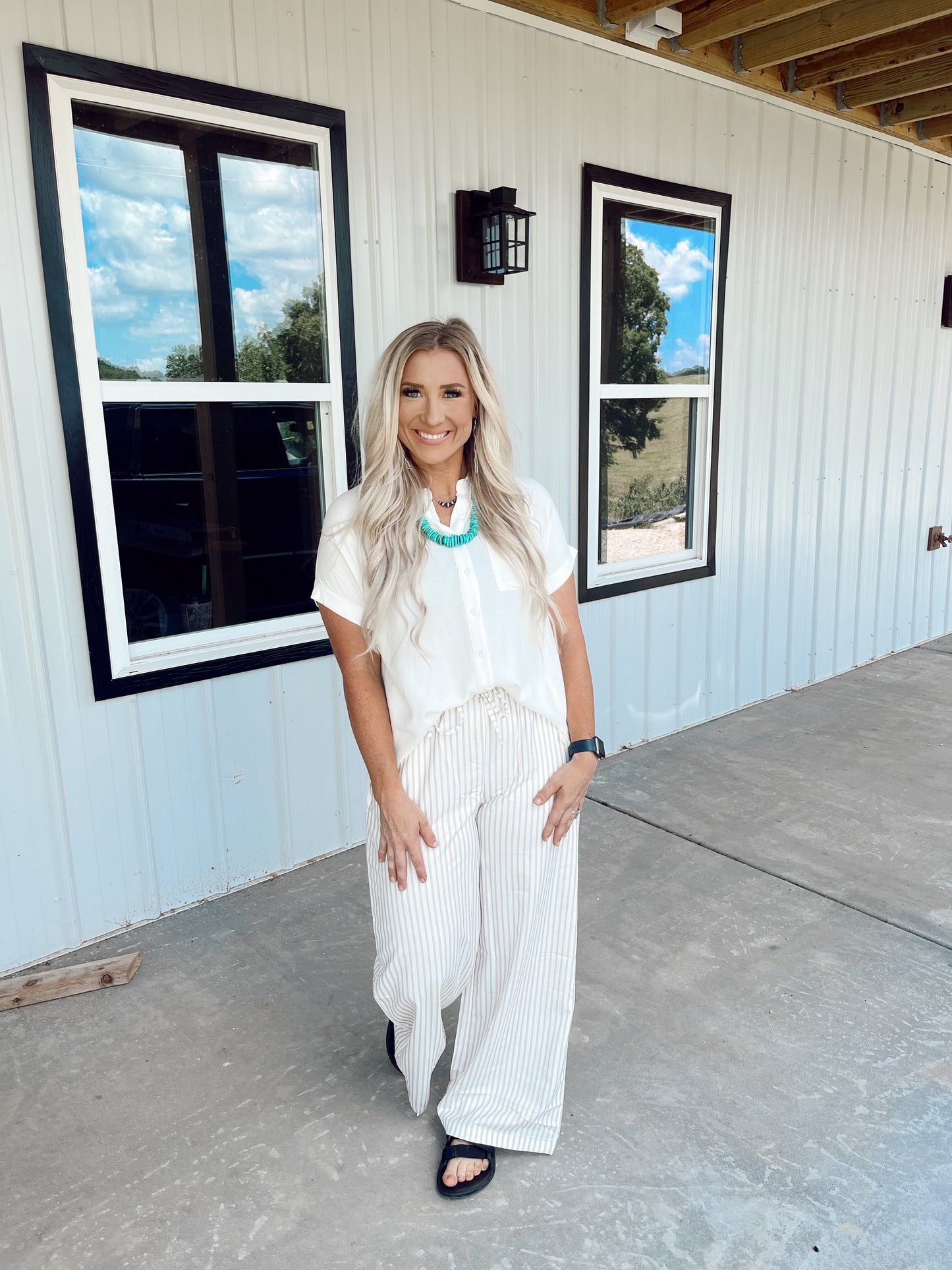 Khaki Striped Wide Leg Pants