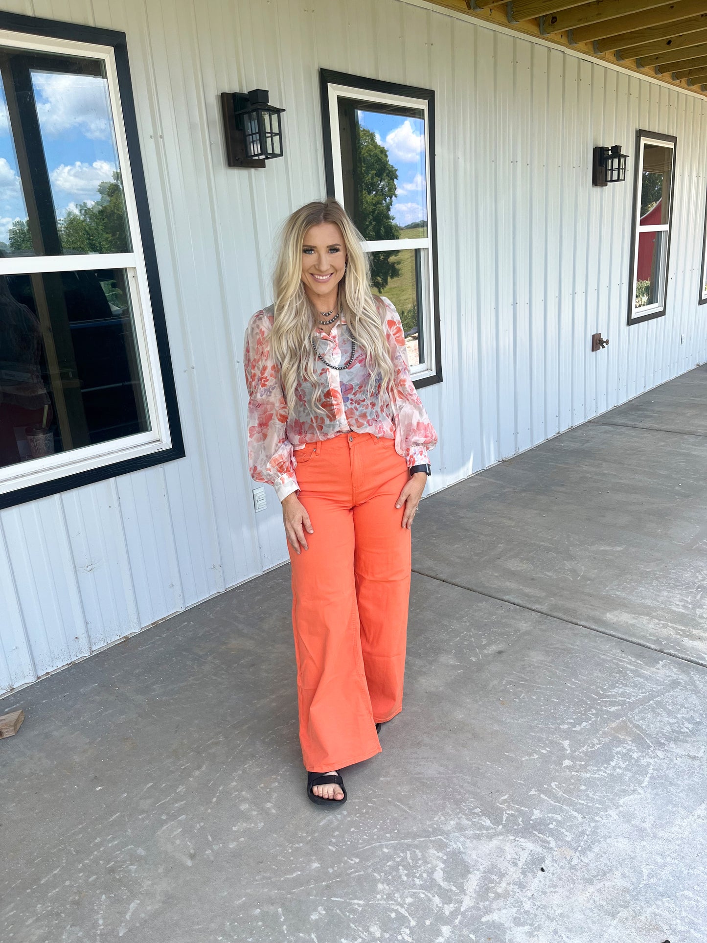 Acid Wash High Waisted Wide Leg Jean- Orange