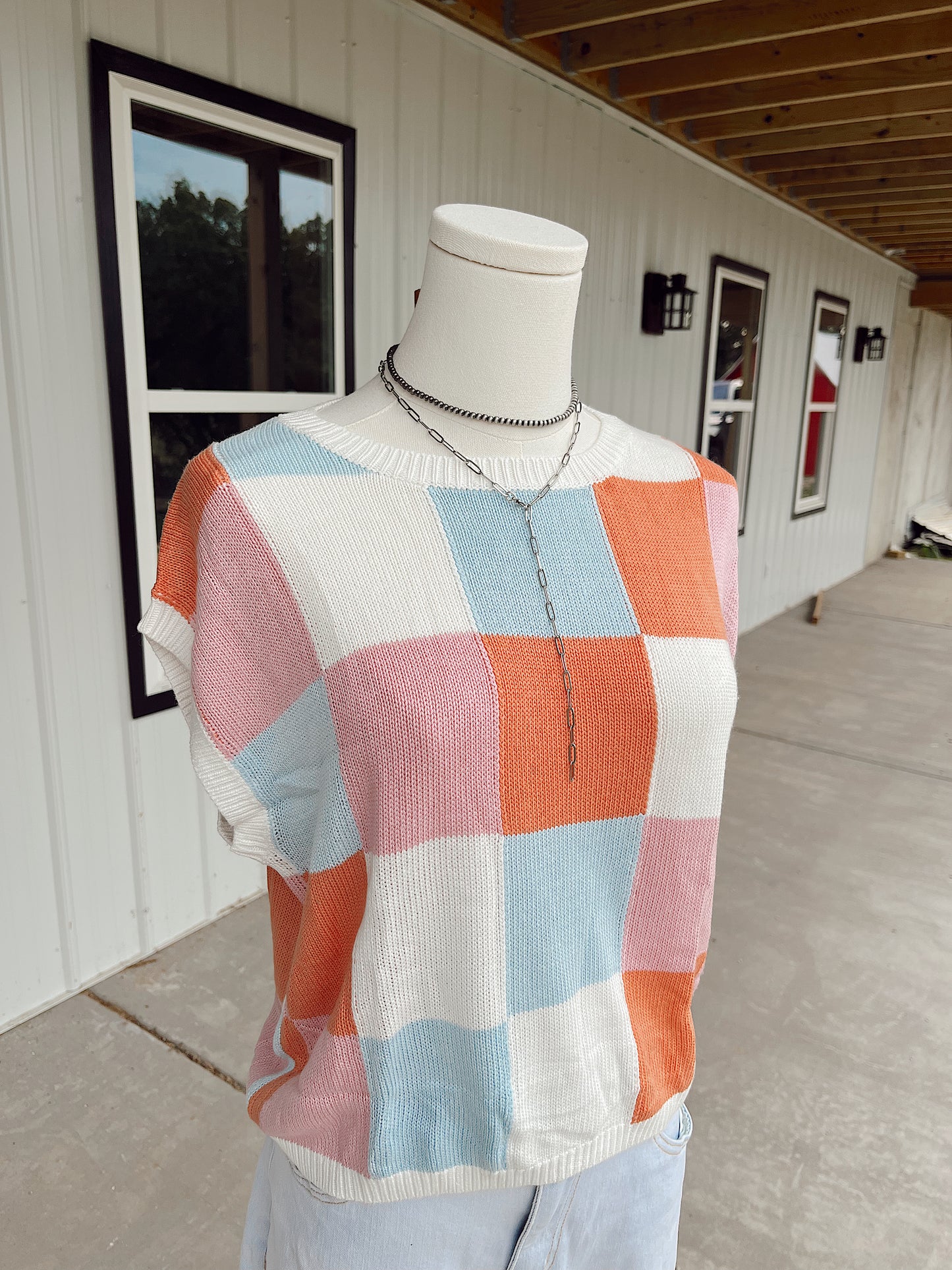 Color Block Grapefruit Cap Sleeved Sweater