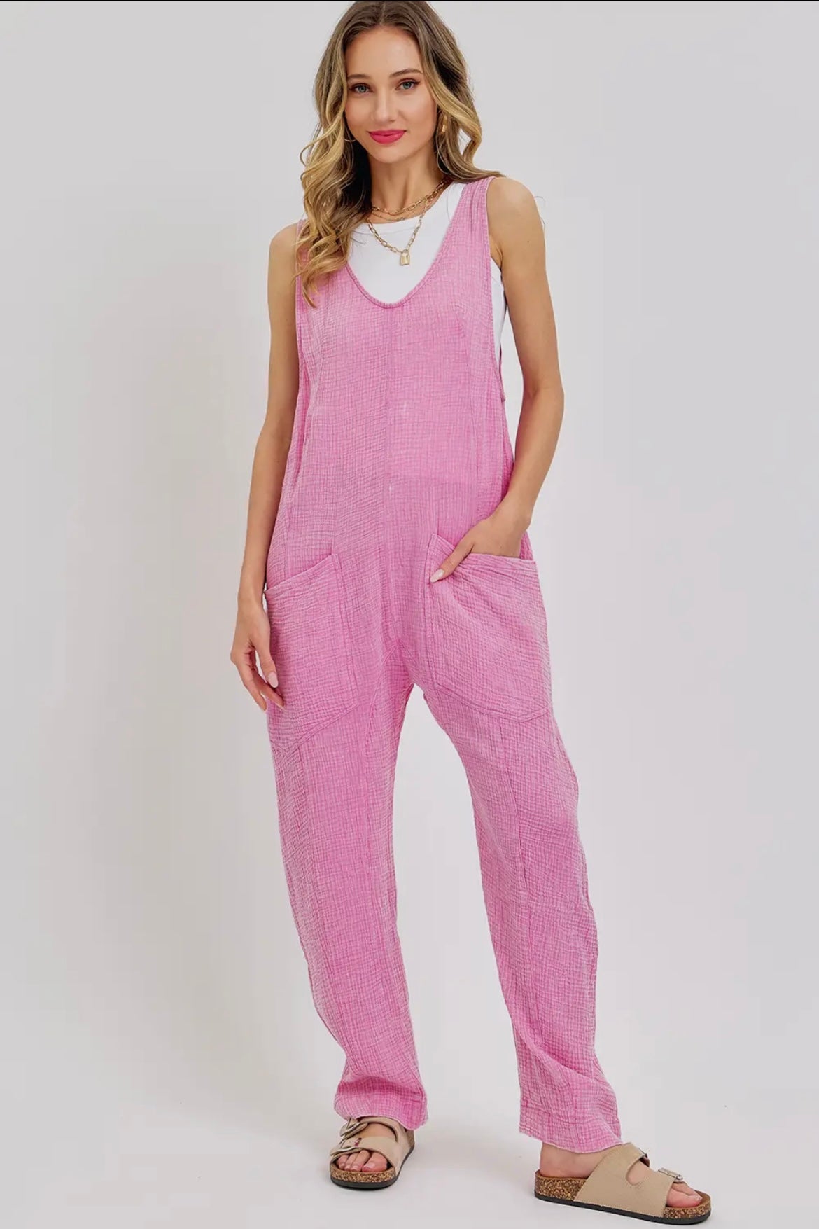 Mineral Washed Summer Jumpsuit- Pink